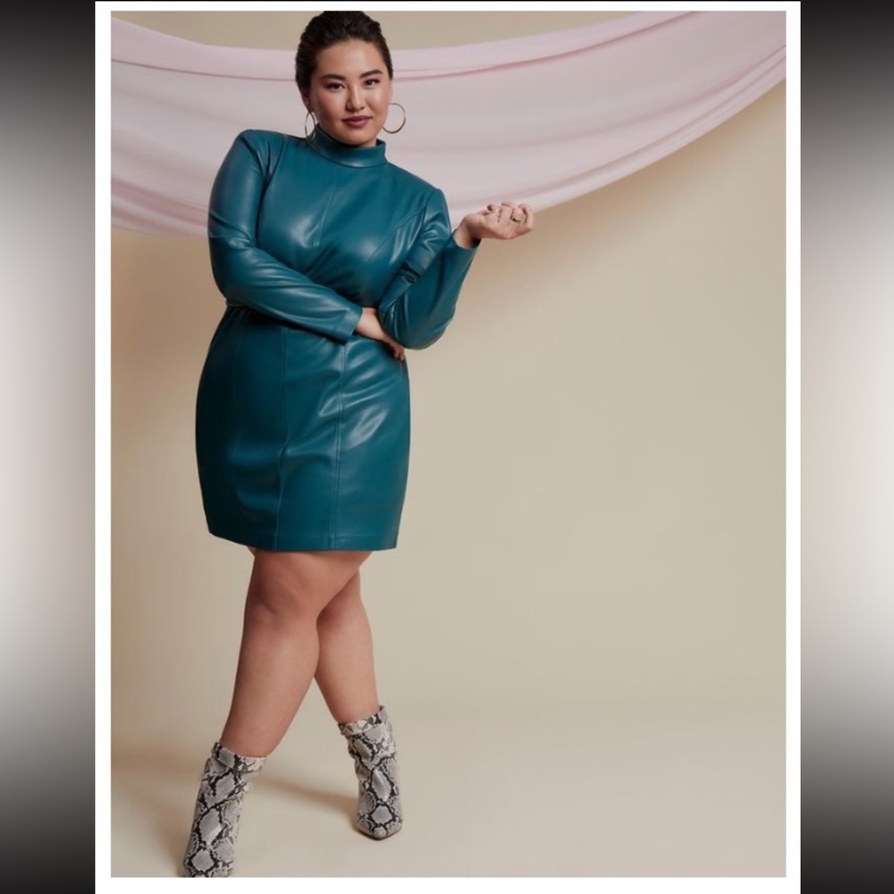 ELOQUII Strong shoulder faux leather turtle neck mini dress